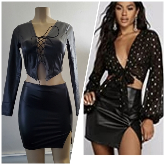 Vegan Faux Leather Mini Skirt Outfit - Picture 2 of 12